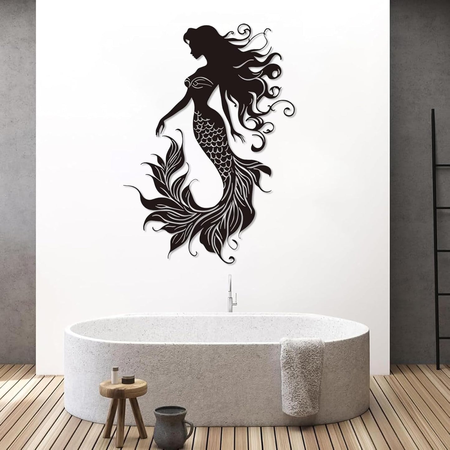 Veplsur Mermaid Metal Wall Art, Metal Mermaid Wall Decor, Marine Biology Wall Decor, Ocean Wall Art, Nautical Wall Hanging, Beach Hanging for Bathroom Bedroom (Silver, 53"x38"|135x96cm)