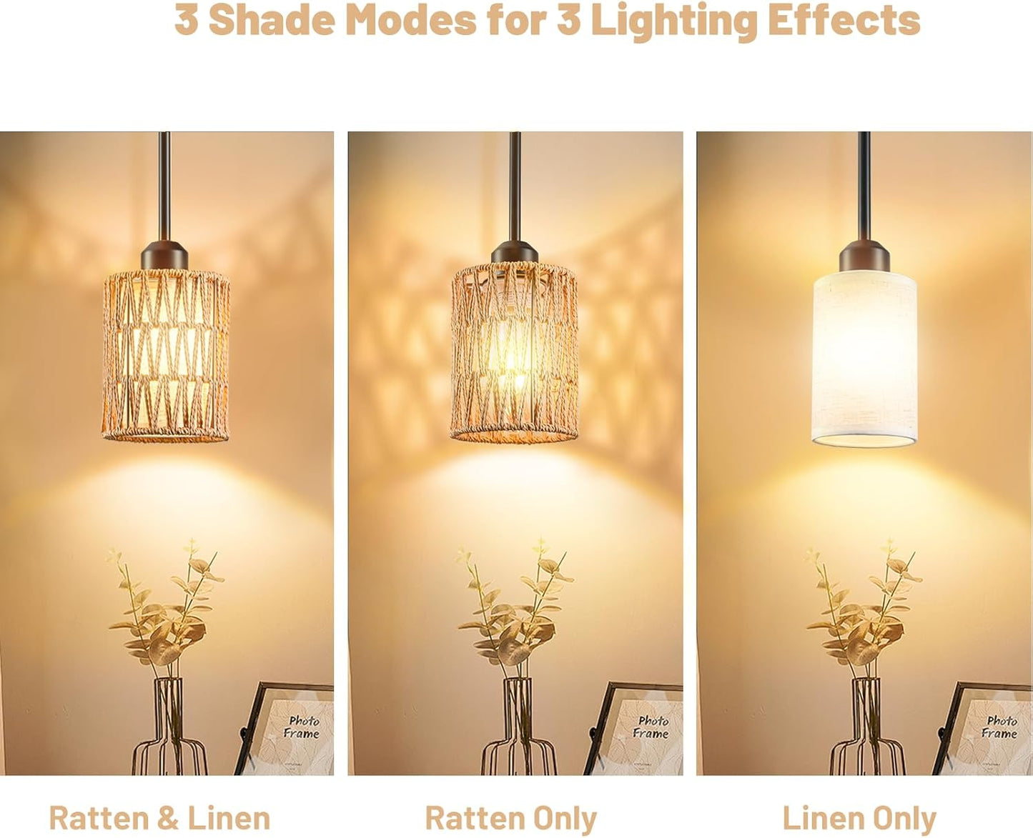 Pendant Light Boho Hanging Lamp - Rattan & Linen 2-in-1 Shade, Adjustable Hanging Lights Fixture for Kitchen Island, Dining Room, Farmhouse, Bedroom (3 Pack)
