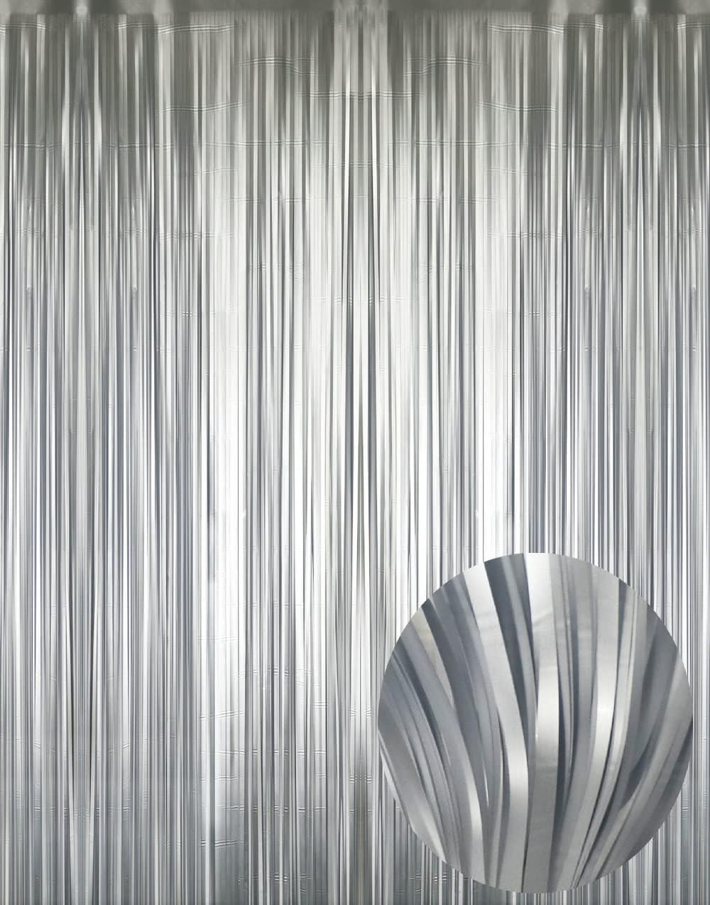 GOER 3.2 ft x 8.2 ft Metallic Tinsel Foil Fringe Curtains Party Photo Backdrop Party Streamers for Birthday,Graduation,New Year Eve Decorations Wedding Decor (4 Pcs,Matte Silver,Thick Material)