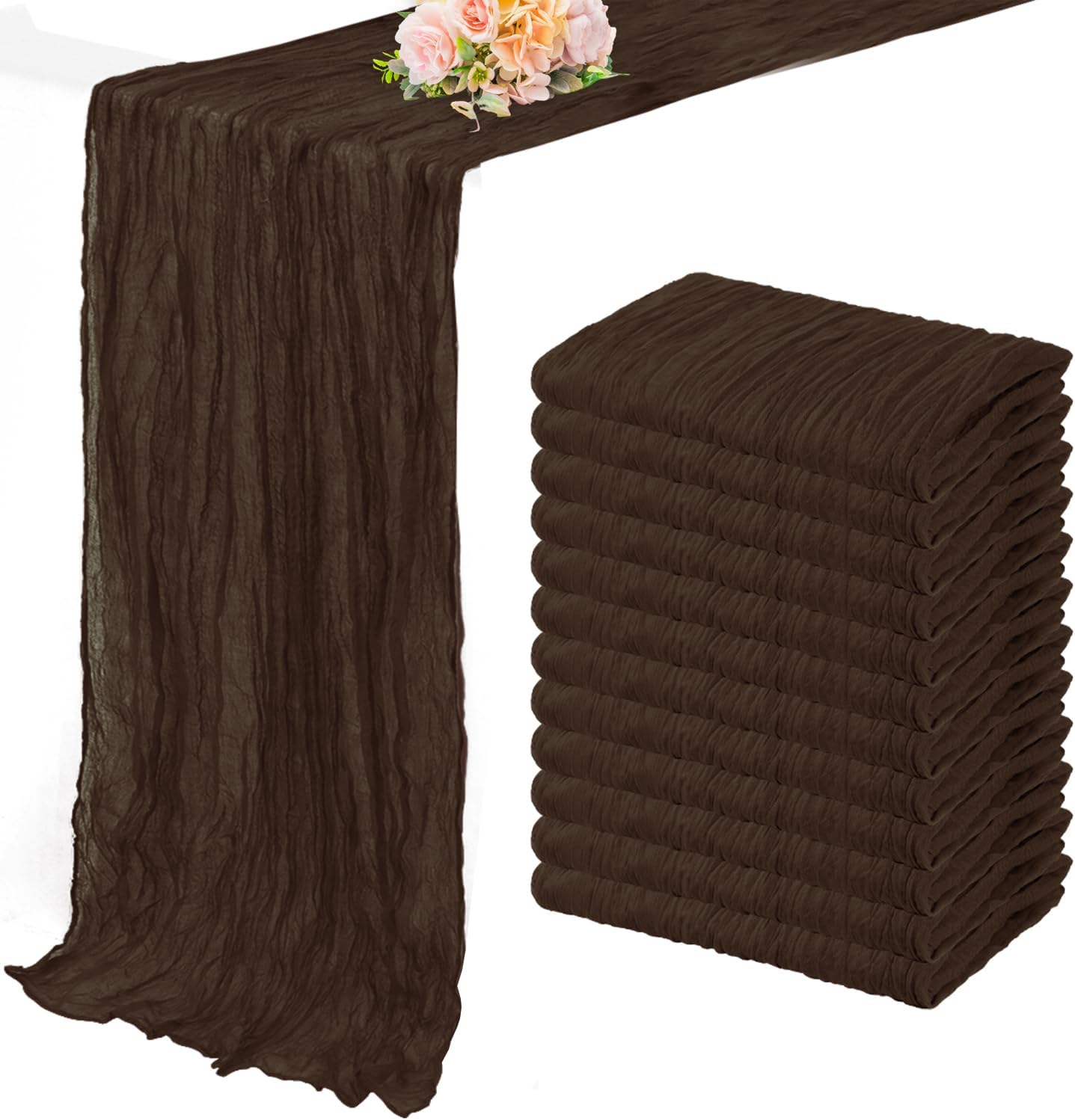 10FT 12 Pack Brown Cheesecloth Table Runner 20 x 120 Inch Long Boho Fabric Rustic Cheese Cloth Table Runner for Wedding Bridal Shower Baby Shower Gauze Sheer Birthday Party Table Decorations