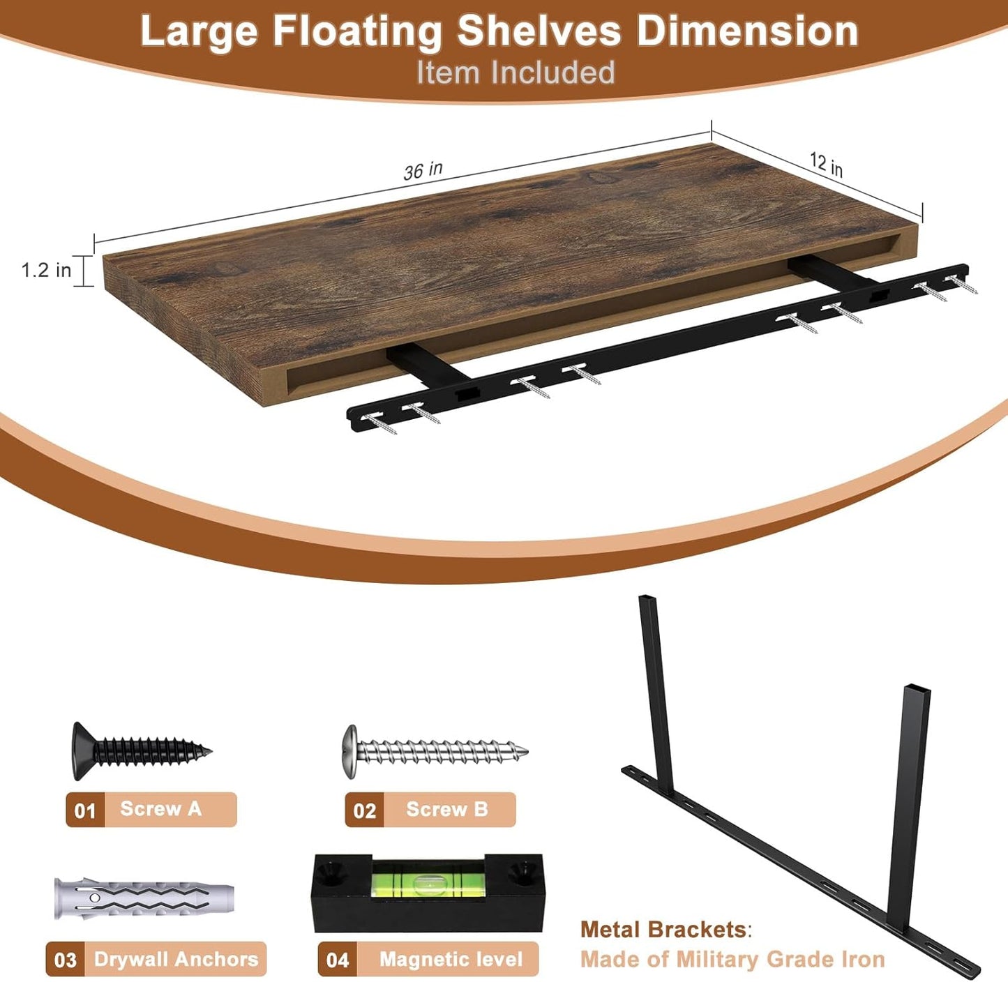 12 Inch Deep Floating Shelves for Wall 3 Pack Floating Shelves Large Storage Space Wall Mount Shelf for Living Room Kitchen Bathroom 36" W x 12" D x 1.2" H Rustic Brown