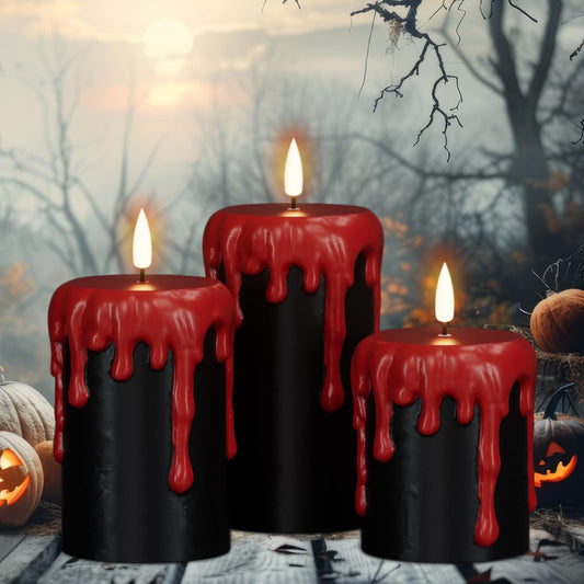 Wondise Halloween Flameless Candles with 6H Timer, Battery Operated Dripping Real Wax Black LED Pillar Candles 3D Wick Flickering Spooky Halloween Indoor Decoration (3 Pack, 3 x 4,5,6 Inches)