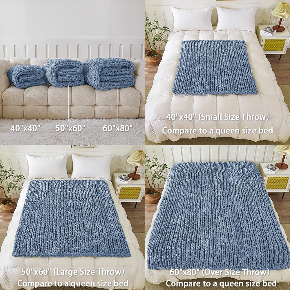 WESHIONGOO Chunky Knit Blanket Throw 50"×60" Knitted Throw Blankets for Couch Bed Fluffy Soft Blanket with Jumbo Chenille Yarn Thick 100% Handmade(Dusty Blue)