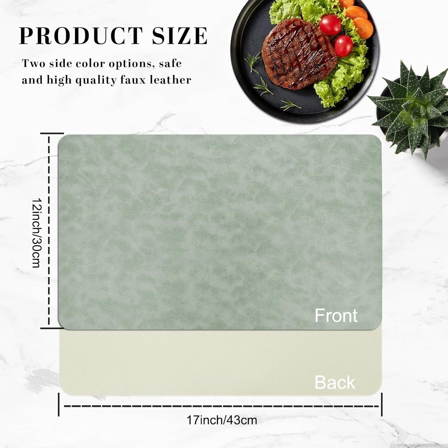 BLESWIN Faux Leather Placemats, Set of 6, 12×17 Inch -Double Side Texture Color Table Mats, Heat-Resistant, Waterproof and Oil-Resistant, Suitable for Dining Room, Kitchen, Party, Outdoor -Green&White
