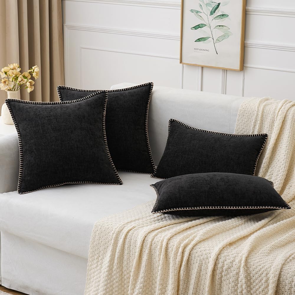 MIULEE Pack of 2 Couch Throw Pillow Covers 12x20 Inch Black Farmhouse Decorative Pillow Covers with Stitched Edge Soft Chenille Solid Dyed Spring Pillow Covers for Sofa Bed Living Room