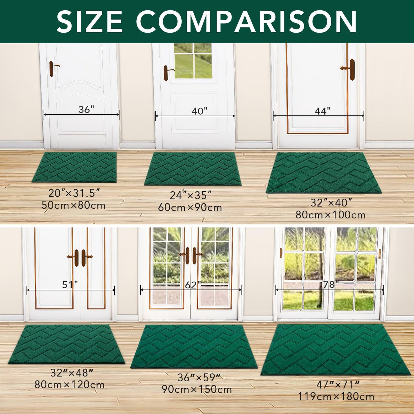 hicorfe Front Door Mat Outside Entrance,36"x59" Absorbent Muddy Dirt Resist Welcome Door Mats Outdoor Indoor,Stain and Fade Resistant,Non Slip Backing Entry Mat Doormat for Entryway(Evergreen)