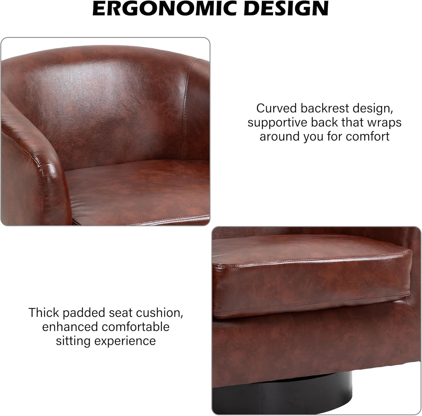 Swivel Barrel Accent Chair, Modern Round Faux Leather Arm Chair for Living Room, Bedroom, Comfy Club Reading Chairs for Adults(Faux Leather, Red Brown, Set of 4)
