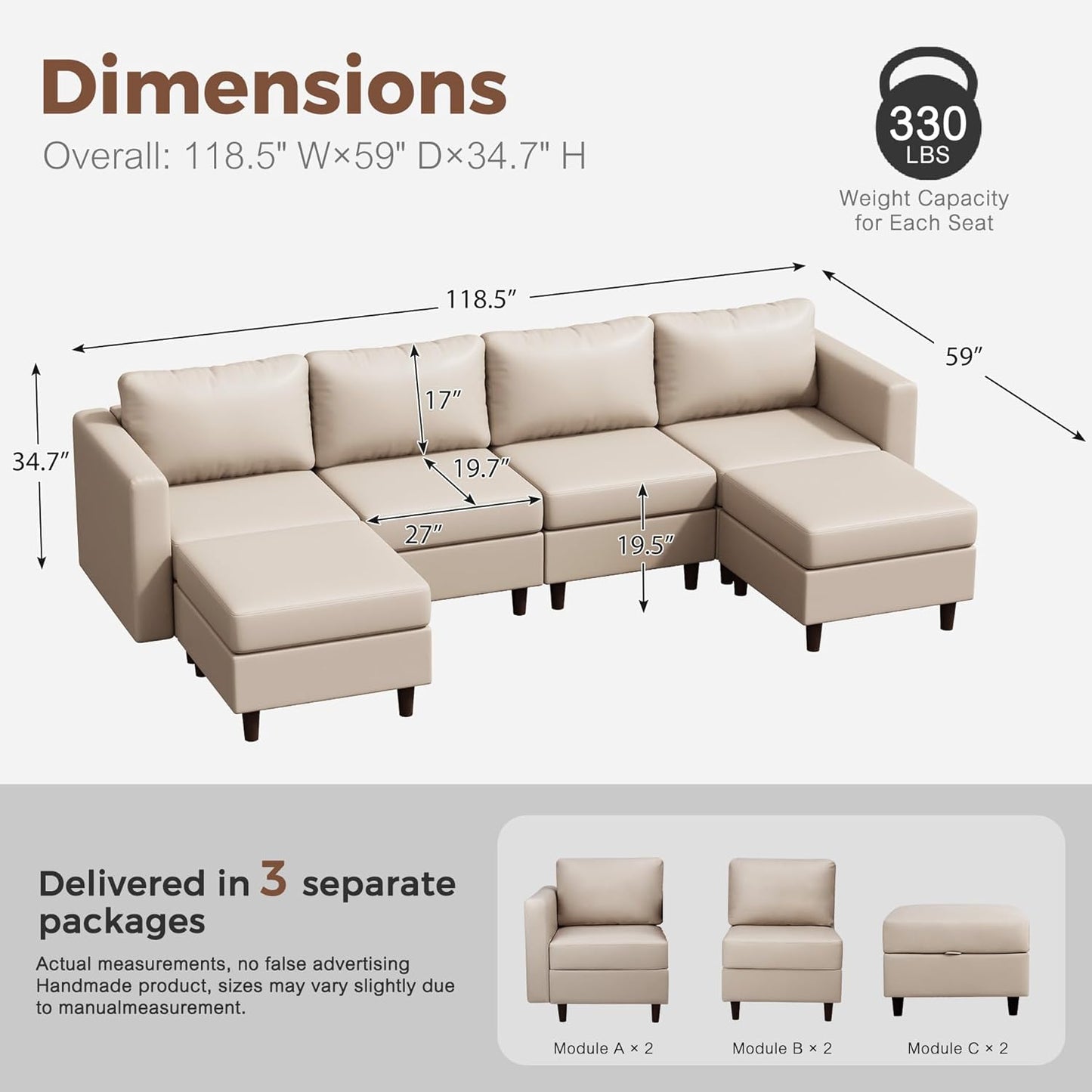 118.5" Oversized Modular Sectional Sofa, Faux Leather 6 Seater U Shaped Couch with Movable Ottoman and Storage Seat with Reversible Chaise Deep Seat for Living Room Whitesand