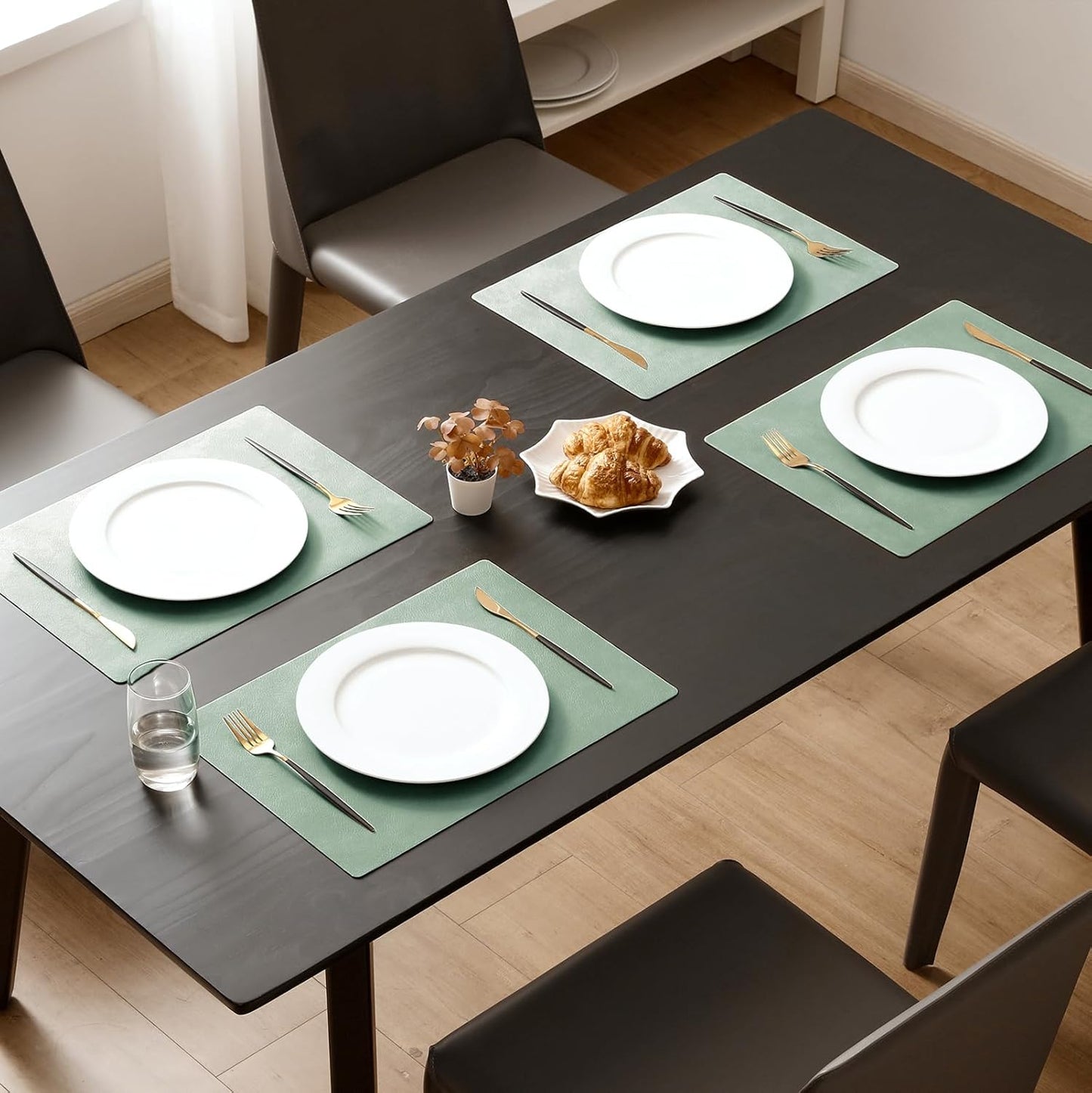 MOSAYT Vinyl Placemats Set of 6-12 X 17 Inch - Faux Leather 100% Waterproof Oil-Proof Wipeable PU Place Mats, Heat Resistant Reversible Table Mats for Kitchen, Dining, Outdoor (Green)