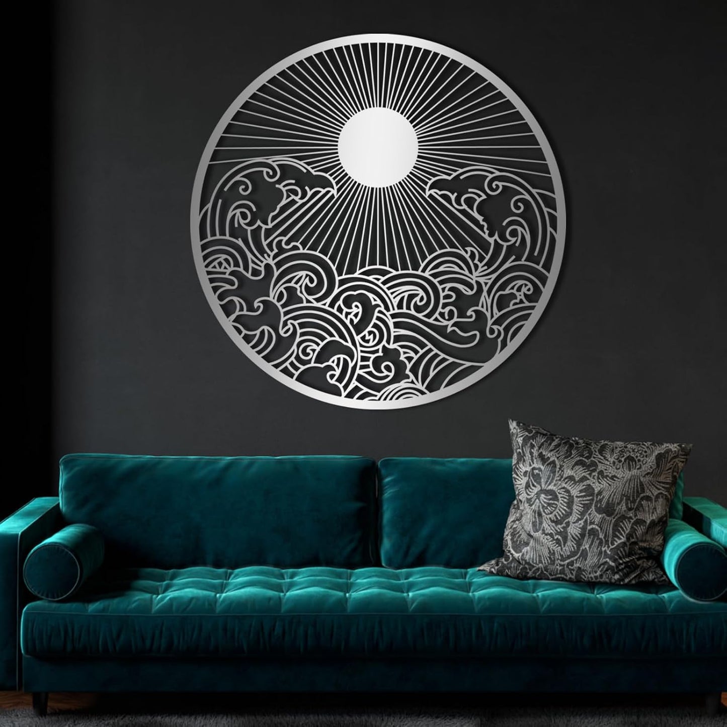 flyoak Metal Sun Wall Decor Outdoor, Sunrise Metal Wall Art, Metal Wave Wall Art, Sunrise and Wave Wall Decor, Sunburst Wall Art, Sunset Wall Art, Wall Hangings for Bedroom (Silver, 35x35in|90x90cm)