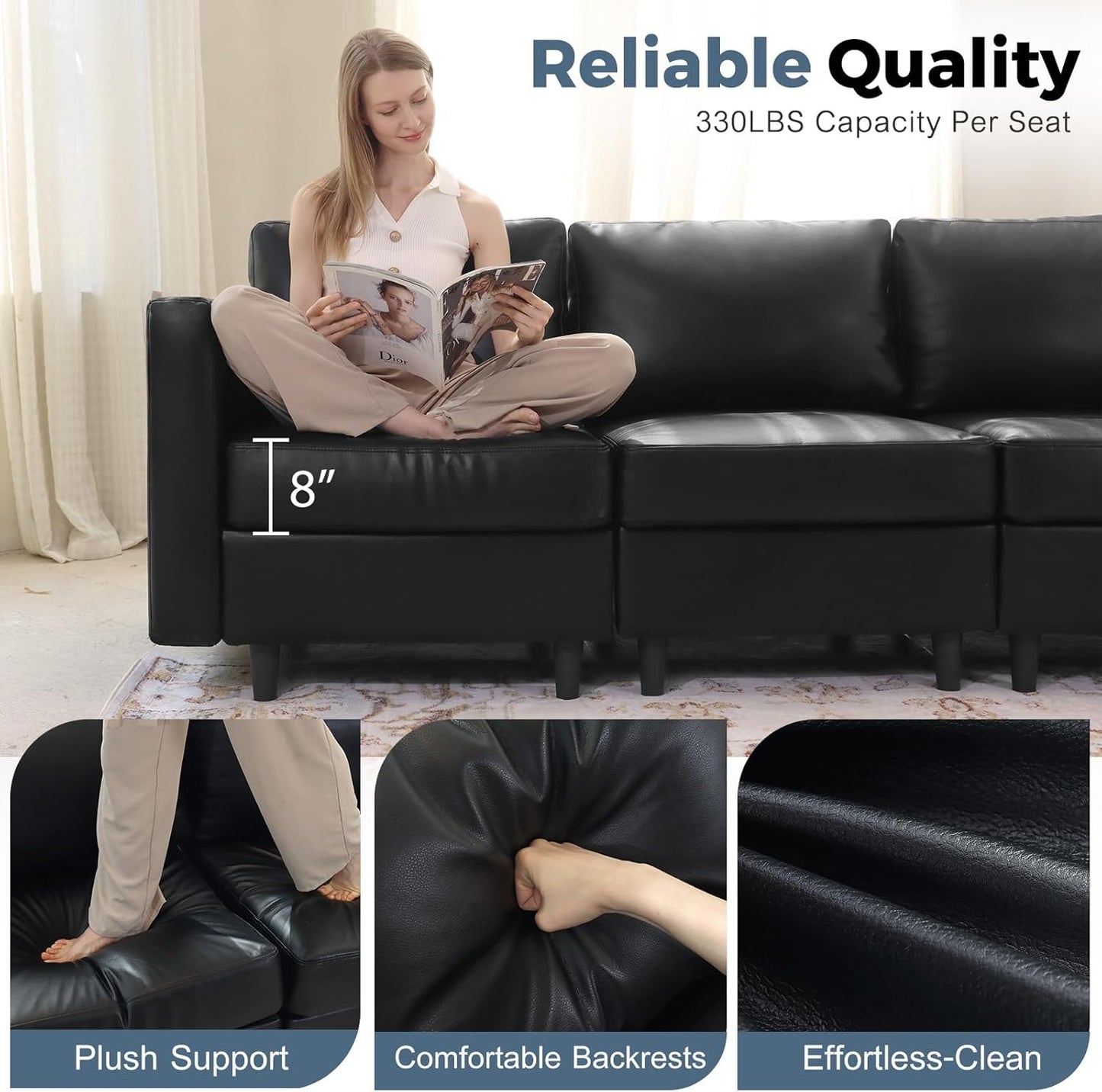ABCASA Oversized 145.5" Faux Leather Modular Sectional Sofa, Modern Large 12 Seater U Shaped Couch with Storage Seat with Reversible Chaise Deep Seat for Living Room DIY Combination - Black