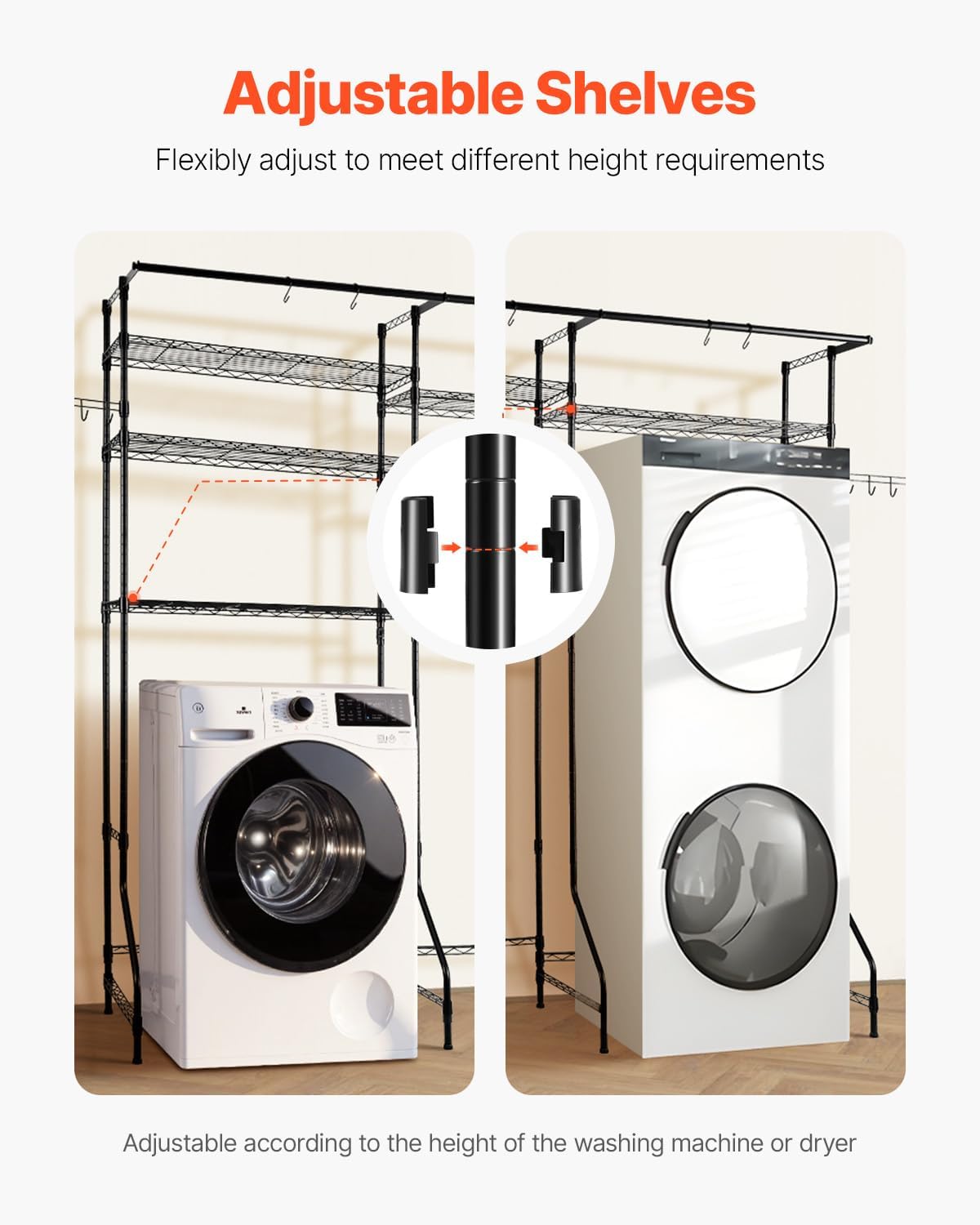 VEVOR Over The Washer and Dryer Storage Shelf, 6 Tier Laundry Room Drying Rack with Hanger Rod and Hooks, Adjustable Over Washer and Dryer Shelves, Laundry Room Shelf Storage Space Saver, Black