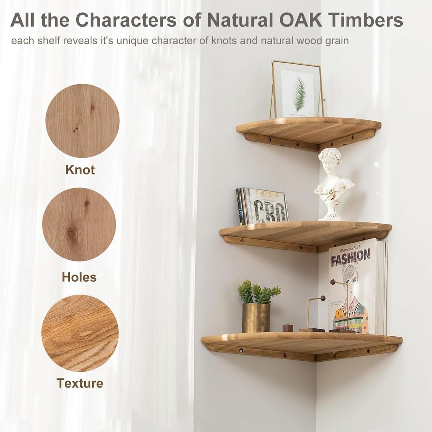 Corner Shelves, Floating Corner Shelf, Set of 2 Solid Oak Wood Wall Shelves, Round End Wall Mount with Wire Hole Shelving for Small Plant for Bedroom Kitchen, Living Room 8.7“