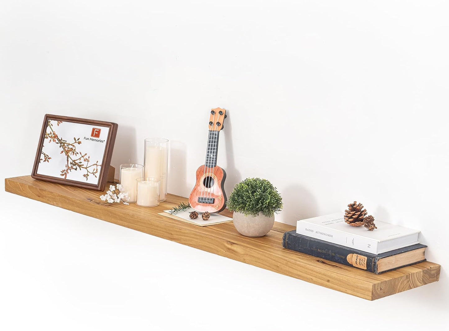 Fun Memories Floating Shelves for Wall, 48"x9.3" Rustic Solid Elm Wood Shelves, Heavy-Duty Wall Mounted Shelves with Invisible Brackets for Living Room, Bedroom, Kitchen, Natural Finish