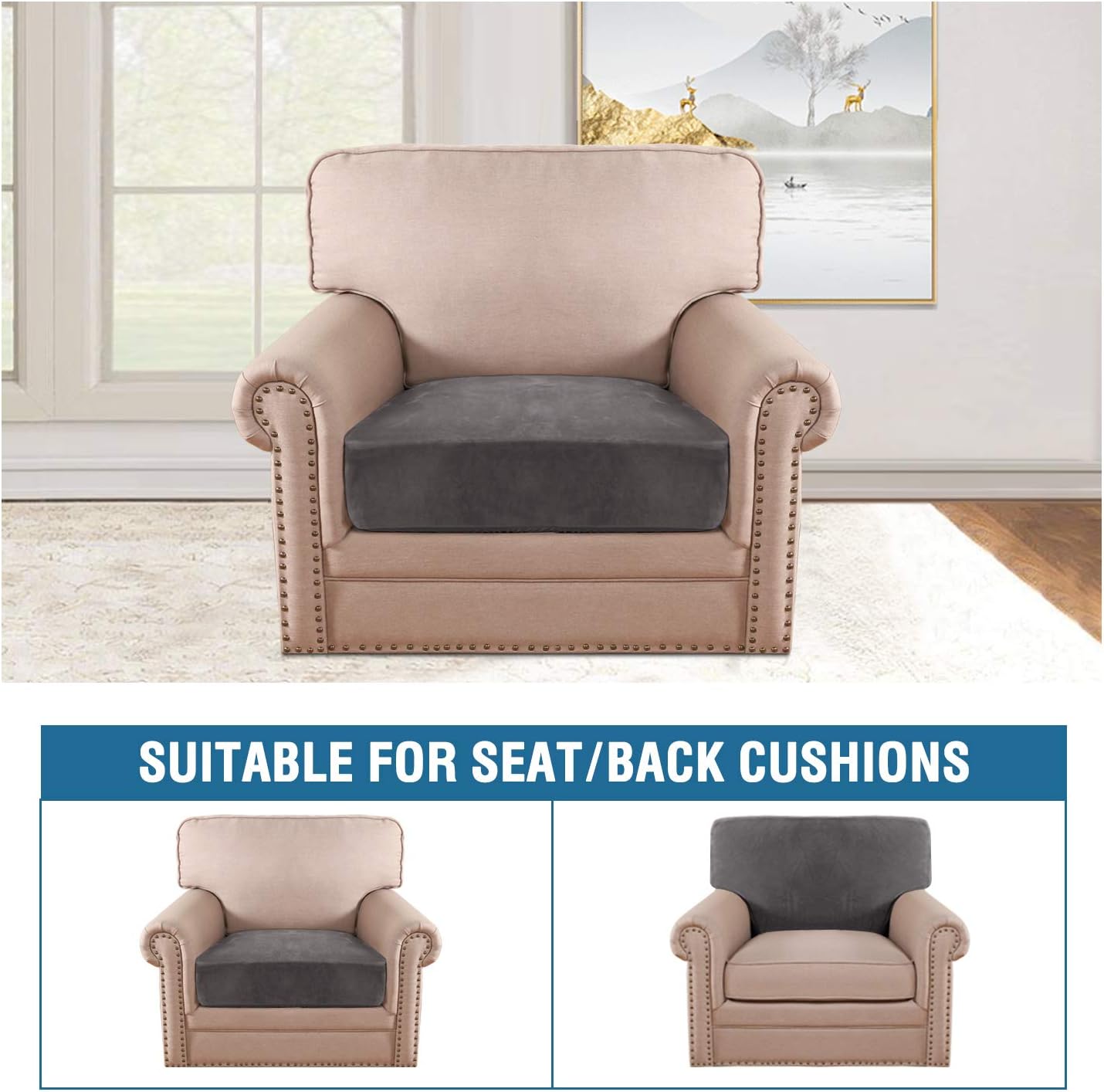 H.VERSAILTEX Velvet Stretch Couch Cushion Cover Plush Cushion Slipcover for Chair Cushion Furniture Protector Seat Cushion Sofa Cover (1 Piece Armchair Cushion Covers, Grey)