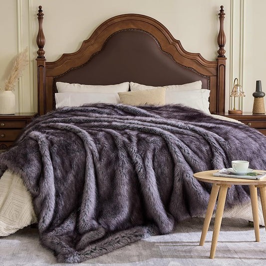 Fluffy Faux Fur Throw Blanket – Super Soft Warm Thick Plush Blanket for Bed, Couch & Office, Cozy Fuzzy Throw with Flannel Backing,50"x60", Grey
