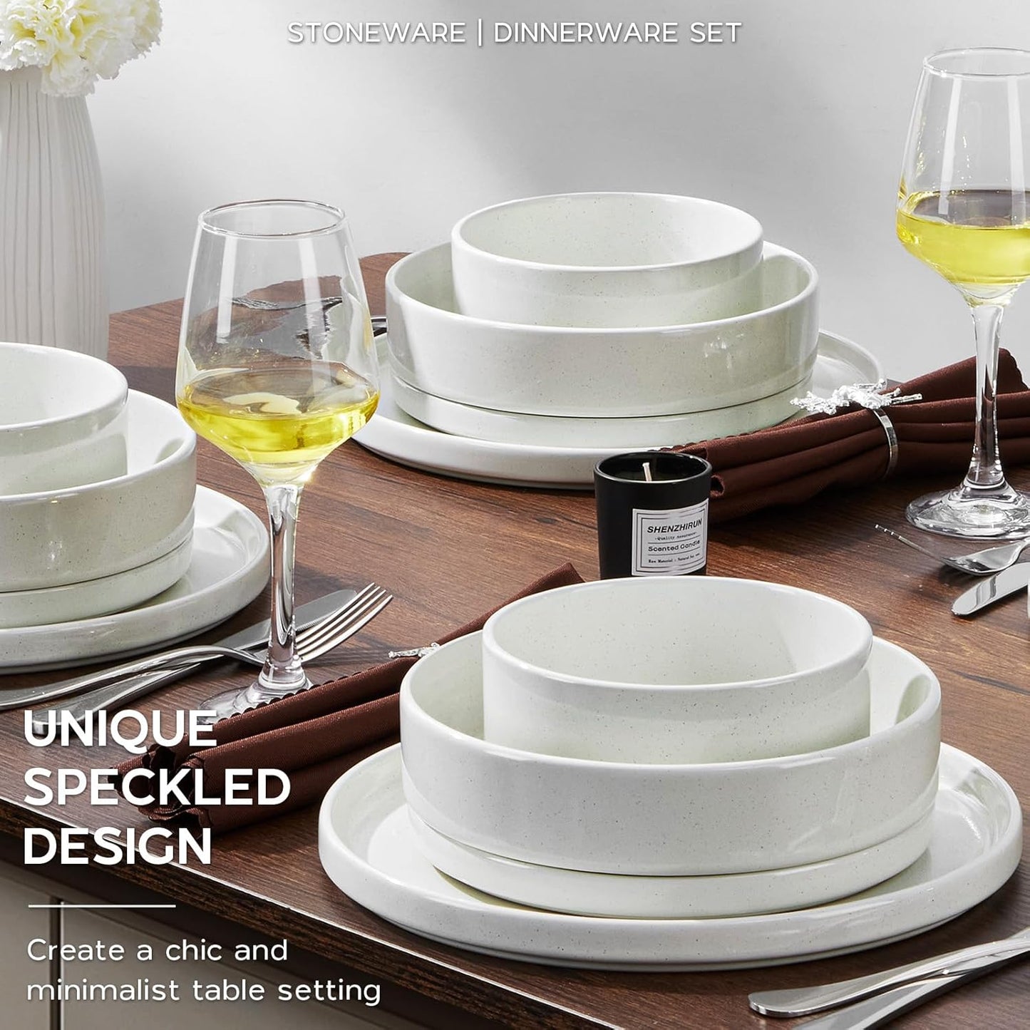 Stoneware Dinnerware Sets for 2, Onader Speckled Plates and Bowls, 8 Pieces Ceramic Dish Dinner Set with Pasta Bowl, Microwave & Dishwasher Safe - Cloud White