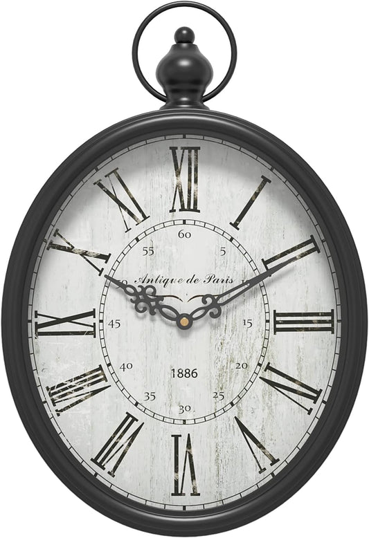 Menterry Oval Retro Wall Clock, Rustic Vintage Style, Black Antique Design, Battery Operated Silent Decor Large Wall Clocks for Kitchen,Farmhouse,Office (15.5" H x 10.5" W)