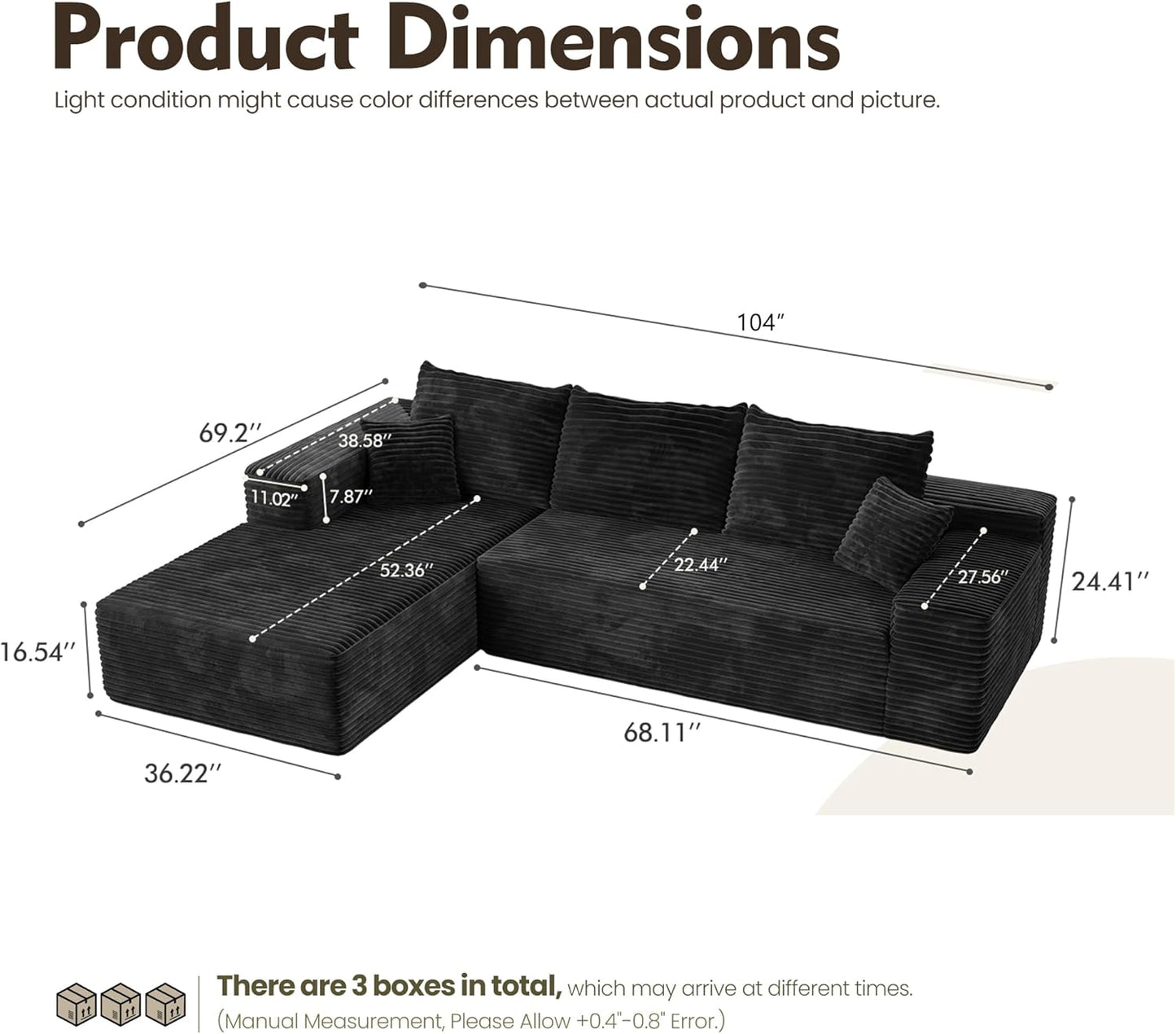 HOOOWOOO Cloud Sectional Couches for Living Room,Modular Sectional Sofa No Assembly,Plush Corduroy Large Floor Couch Furniture Set with Deep Seat Right Chaise L Shape(Black)