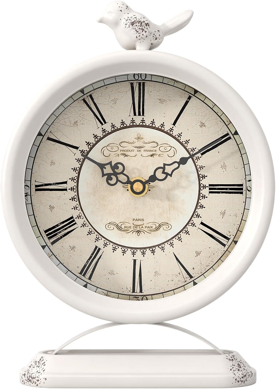 Vintage Table Clock with Bird, European Antique Style White Mantel Clocks, Desk and Shelf Decor Clock, for Farmhouse, Bedside, Living Room, Bedroom, Gift (9" H x 6.5" W)