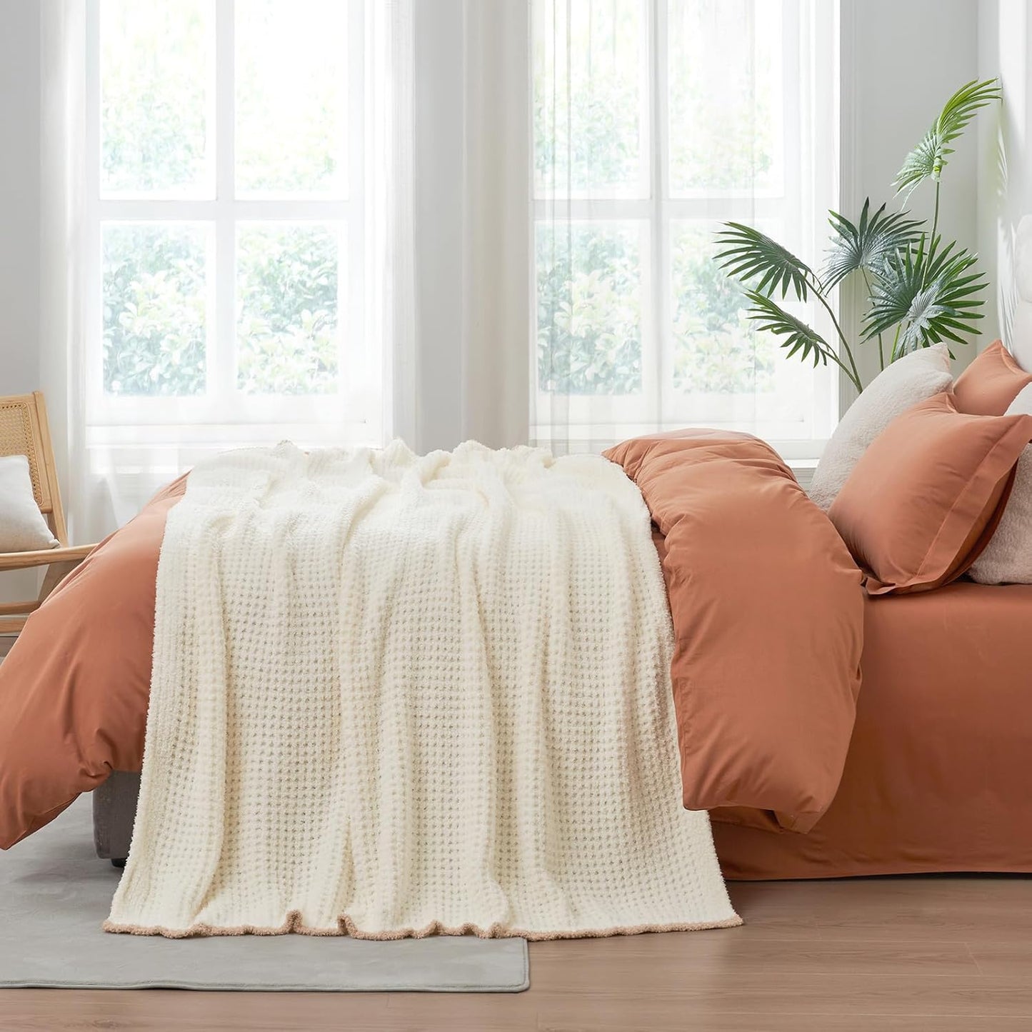 Snuggle Sac Cream Waffle Throw Blanket for Couch Bed Sofa 60x80 inches, Reversible Cream Blanket Microfiber Fluffy Fuzzy Cozy Knit Twin Blanket for Women Mothers Birthday Gifts
