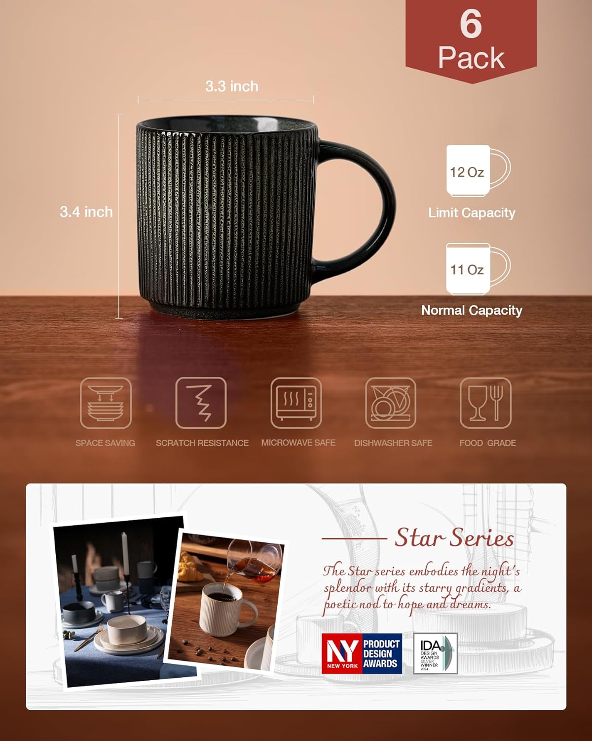 famiware Coffee Mug Set for 6, Star 12 oz Catering Mugs Cup Set with Handle for Coffee, Tea, Cocoa, Milk - Ceramic Stoneware Drinkware Set, Deep Forest