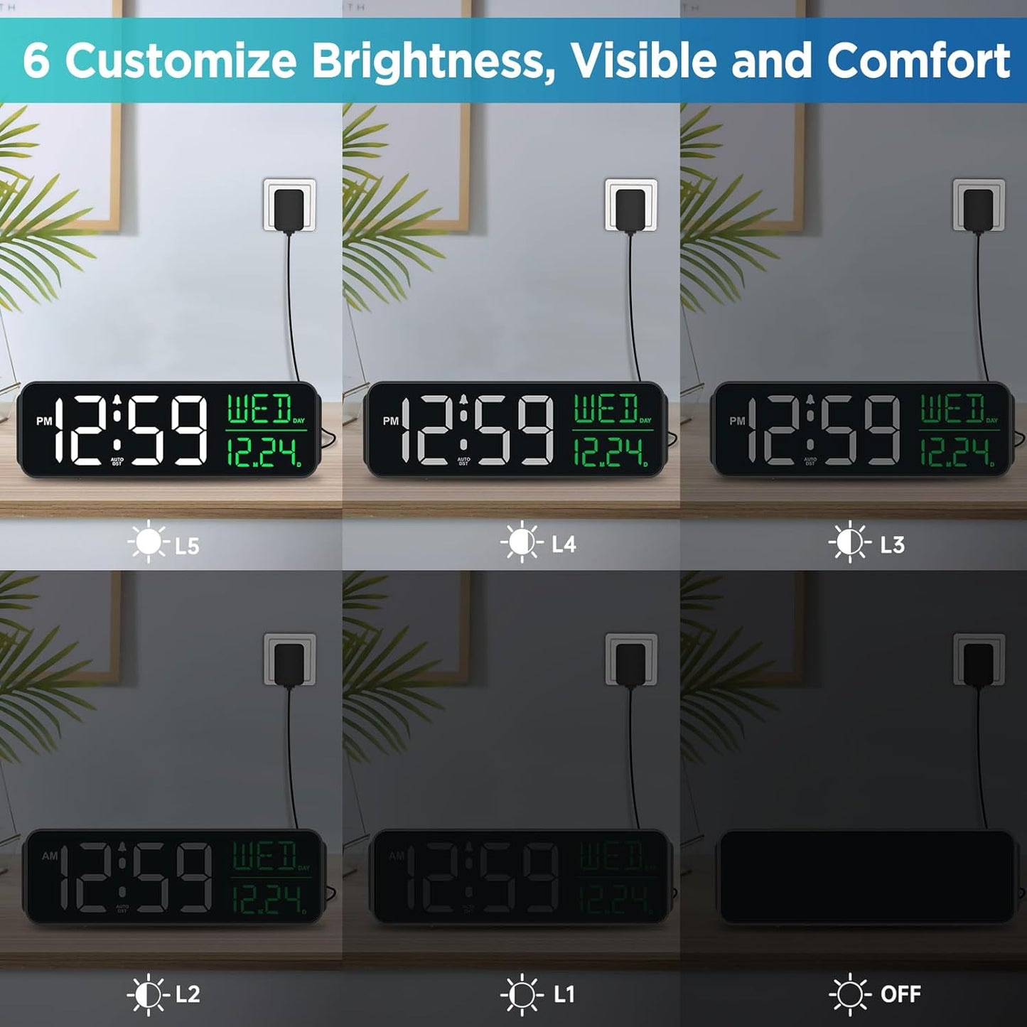 Peakeep Large Display Digital Alarm Clock for Bedrooms, Date Day of Week Calendar Desk Table Clocks for Living Room Office, Dimmable Plug in Electric Clock, 5 Volumes, Loud, Auto DST