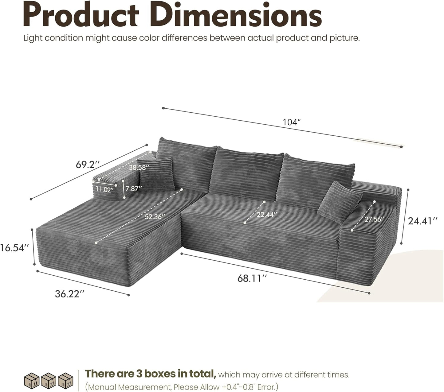 HOOOWOOO Cloud Sectional Couches for Living Room,Modular Sectional Sofa No Assembly,Plush Corduroy Large Floor Couch Furniture Set with Deep Seat Left Chaise L Shape(Gray)