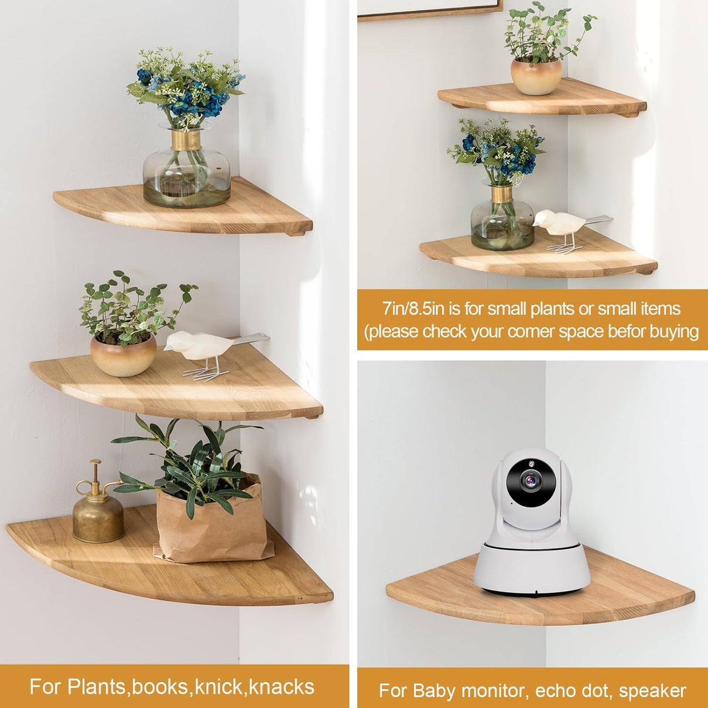 Corner Shelf,16inch Natural Oak Solid Wood Floating Corner Shelves Wall Mount Round End Floating Speaker Rack with Wire Hole for Small Plant for Bedroom Kitchen, Living Room