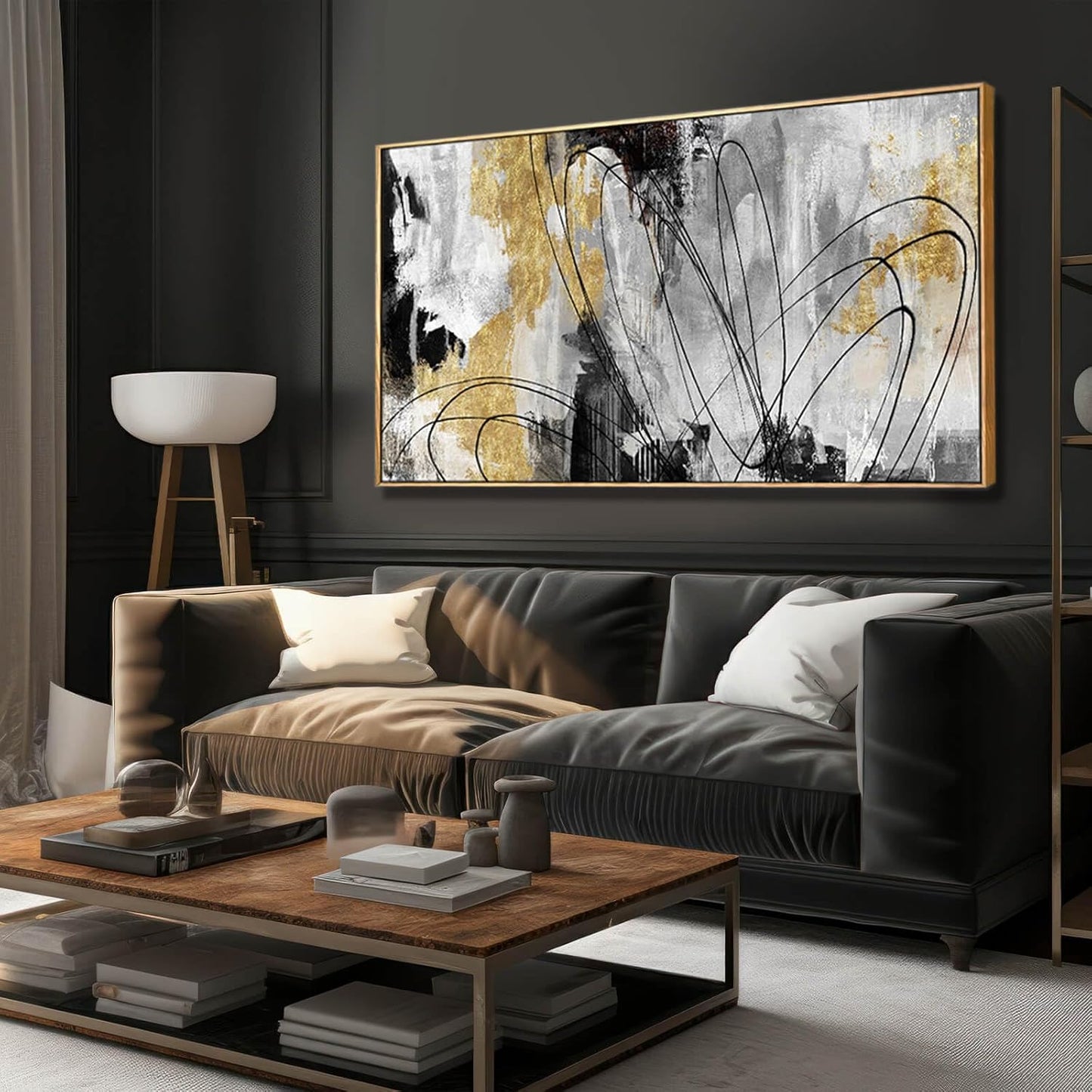 YJYart Abstract Wall Art Office Decor Gold Wall Decor for Living Room Black and White Artwork Line Art Frame Room Decor for Bedroom 24X48 Inch