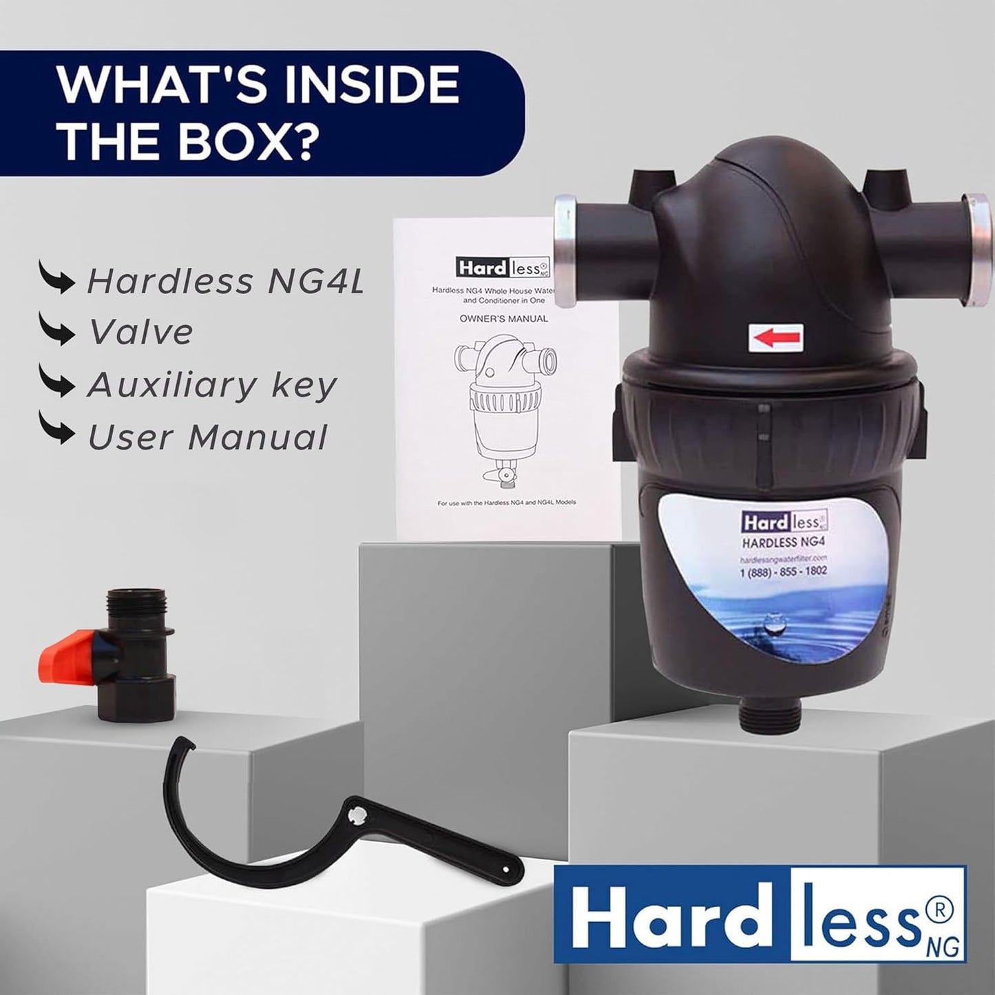 Hardless NG4 Whole House Water Filter- Salt-Free Alternative Softening Device- Reduces Limescale, Sediment & More - Compact, Easy to Install- Comes with 3/4" Inlet/Outlet- Home Water Filtration System