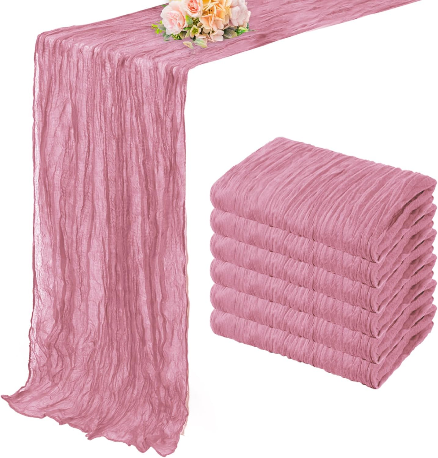 6 Pack Dusty Rose 10FT Cheesecloth Table Runner 20 x 120 Inch Long Rustic Gauze Fabric Cheese Cloth Table Runner for Wedding Bridal Baby Shower Table Decorations Boho Sheer Birthday Party Table Decor