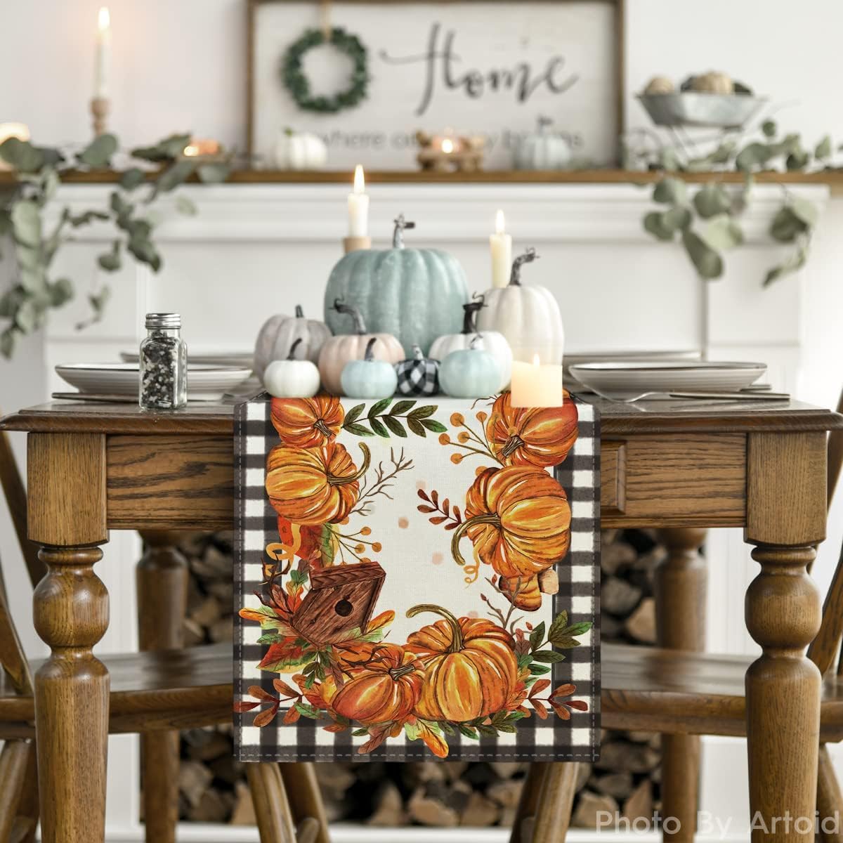 Artoid Mode Buffalo Plaid Pumpkins Mushrooms Birdhouse Leaves Table Runner, Seasonal Fall Harvest Vintage Kitchen Dining Table Decoration for Indoor Outdoor Home Party Decor 13 x 108 Inch