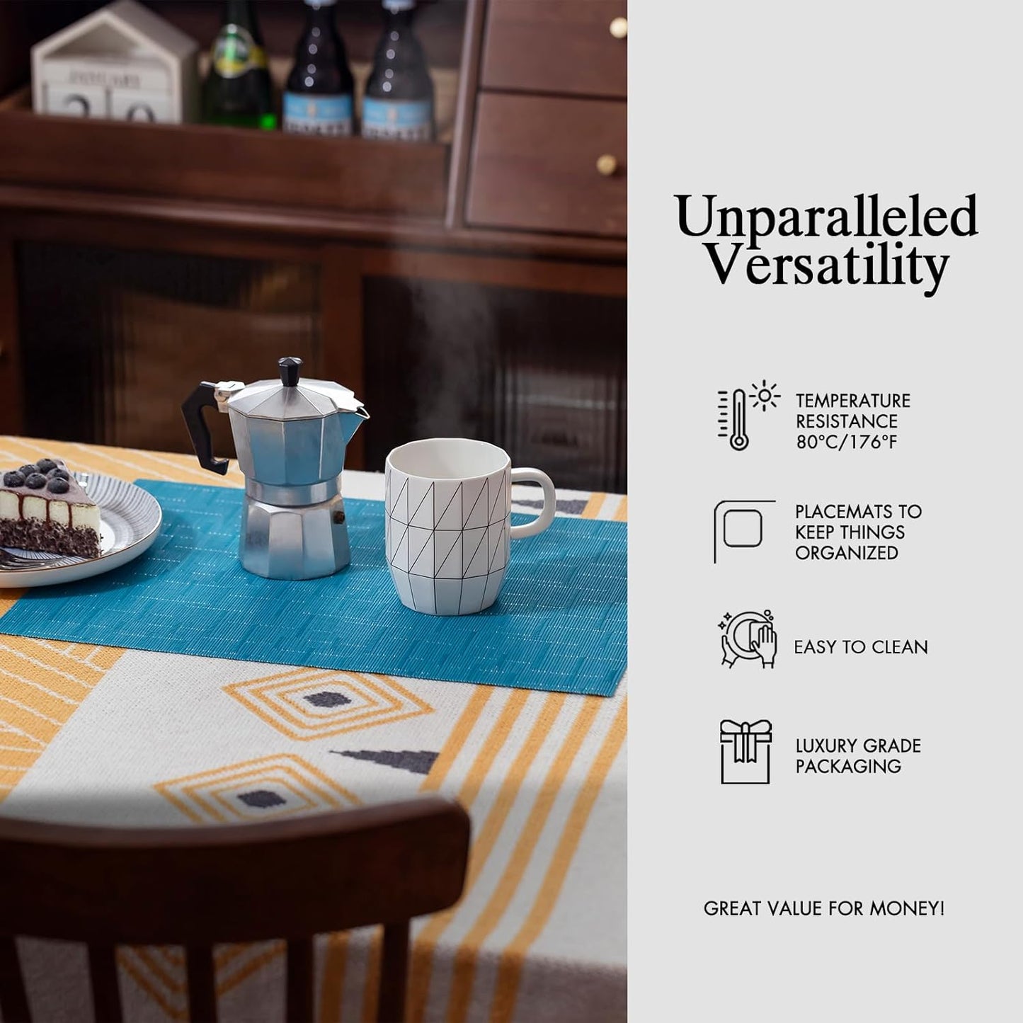Placemats Set of 6 - Easy Clean Woven Vinyl Placemats for Dining Table, Indoor/Outdoor Place Mats, Washable PVC Table Mats（Teal Blue）