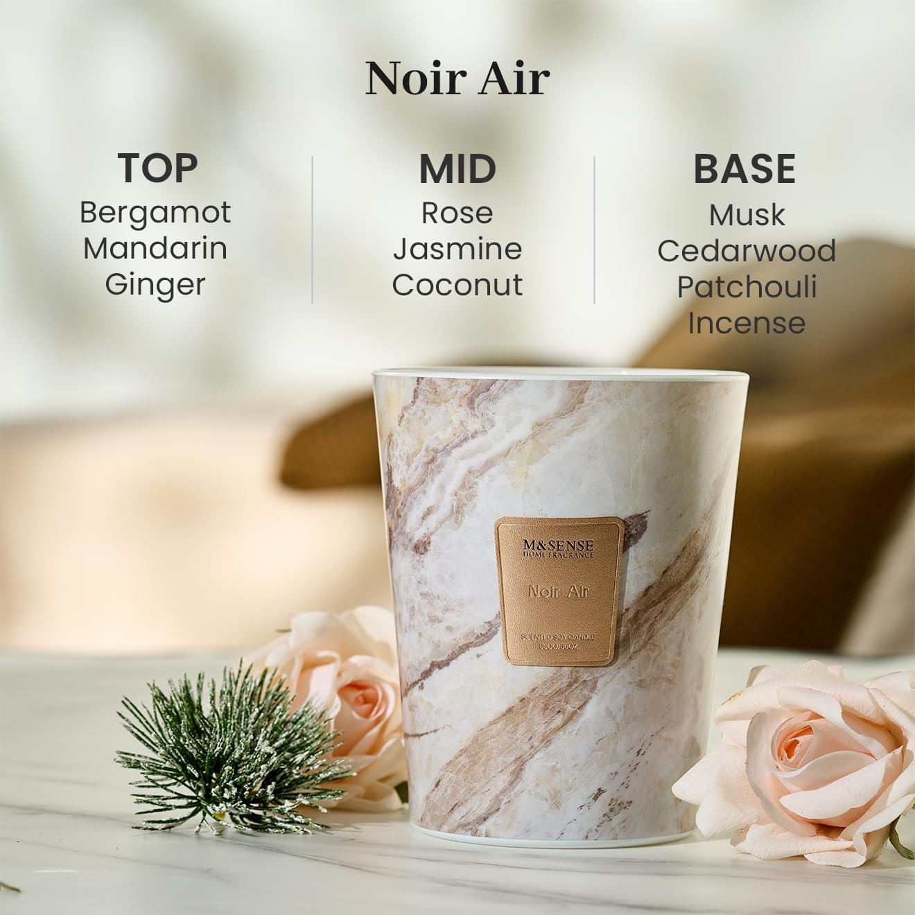 M&SENSE NoirAir Scented Candles for Home, 3-Wick Highly Scented Jar Candles, Extra Large Candle 35 Oz 150 Hours Long Lasting Burning, Relaxing Aromatherapy Candle for Stress Relief, Meditation