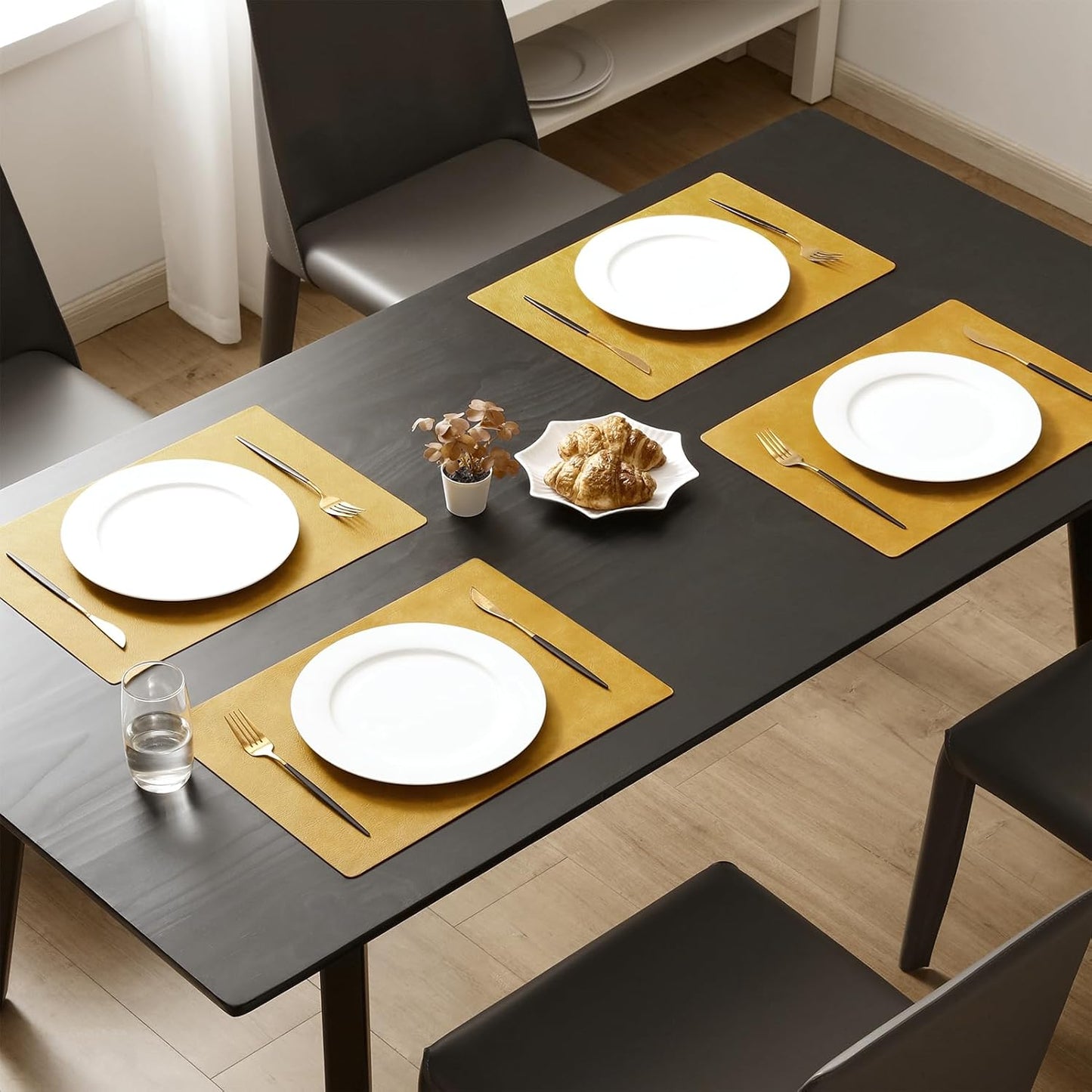 MOSAYT Vinyl Placemats Set of 12-12 X 17 Inch - Faux Leather 100% Waterproof Oil-Proof Wipeable PU Place Mats, Heat Resistant Reversible Table Mats for Kitchen, Dining, Outdoor (Yellow)