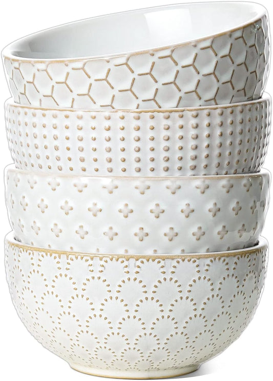 LE TAUCI Small Bowls 12 OZ, Ice Cream Bowl, Ceramic Embossment Stoneware Bowl, Bowls Set for Dessert, Fruits, Side Dishes, Suit For Housewarming - 4.5 Inch, Set of 4, Arctic white