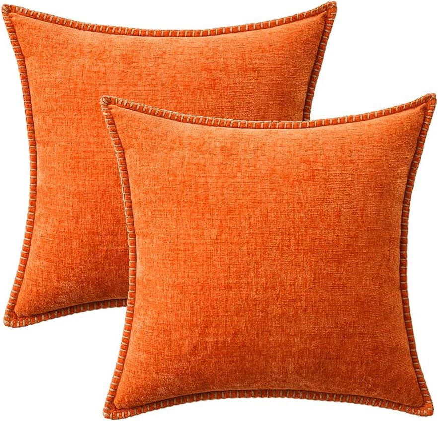 MIULEE Pack of 2 Fall Couch Throw Pillow Covers 20x20 Inch Bright Orange Farmhouse Decorative Pillow Covers with Stitched Edge Soft Chenille Solid Dyed Pillow Covers for Sofa Bed Living Room