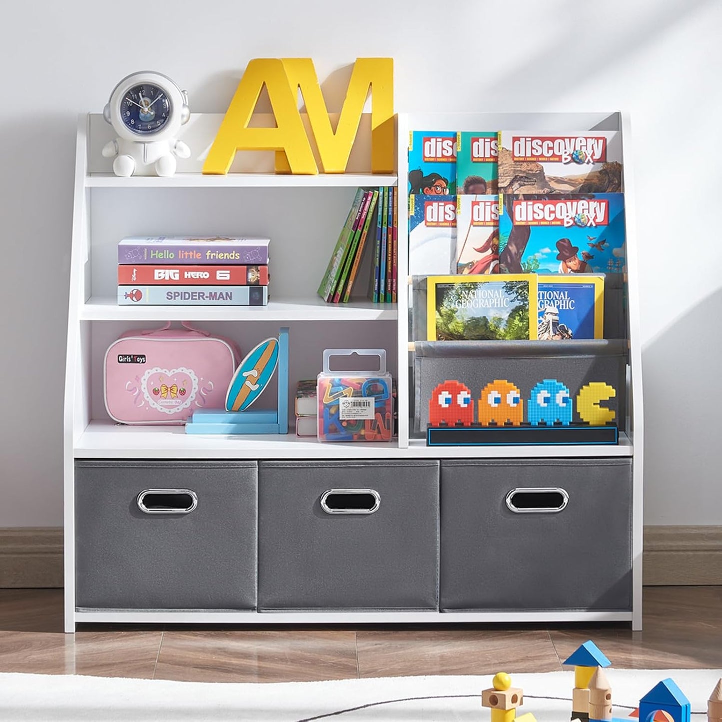 Kids Bookshelf, Kids Toy Storage Organizer with Storage Bins, Wooden Bookshelf and Book Display Shelf for Bedroom, Playroom, Nursery, Classroom, White