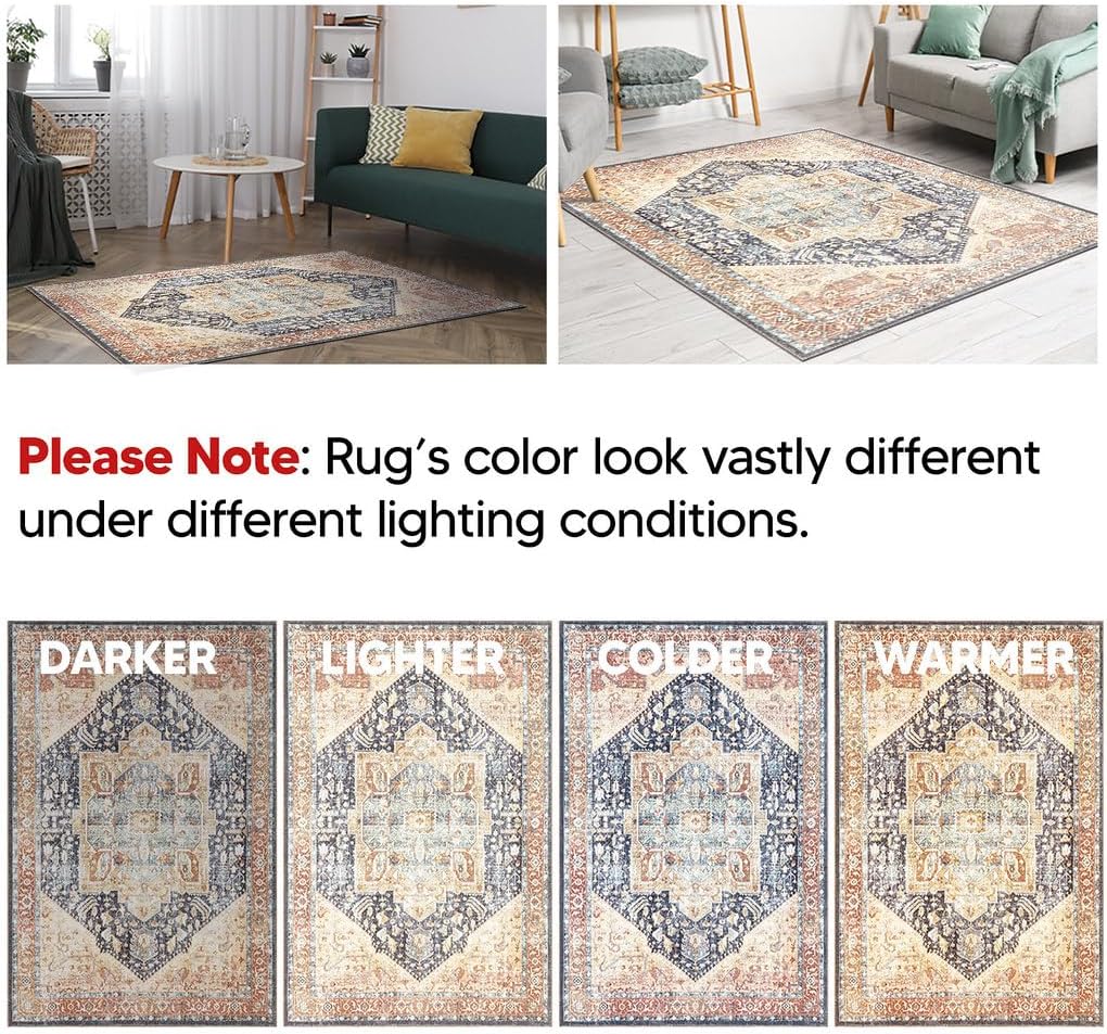 Keen Home Design 5x7 Rug - Machine Washable Area Rug with Non-Slip Backing, Ideal for Living Room, Dining Room, Bedroom - Vintage, Easy Clean, Durable, Low Pile Rug - (5' x 7')