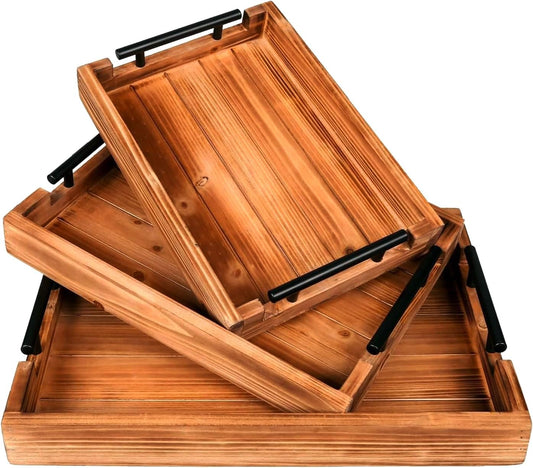 3 Piece Coffee Table Tray Decorative Nested Vintage Wood Serving Tray Set for Eating, Breakfast, Party, Kitchen, Ottoman,Tea Coffee Table Large Ottoman Trays