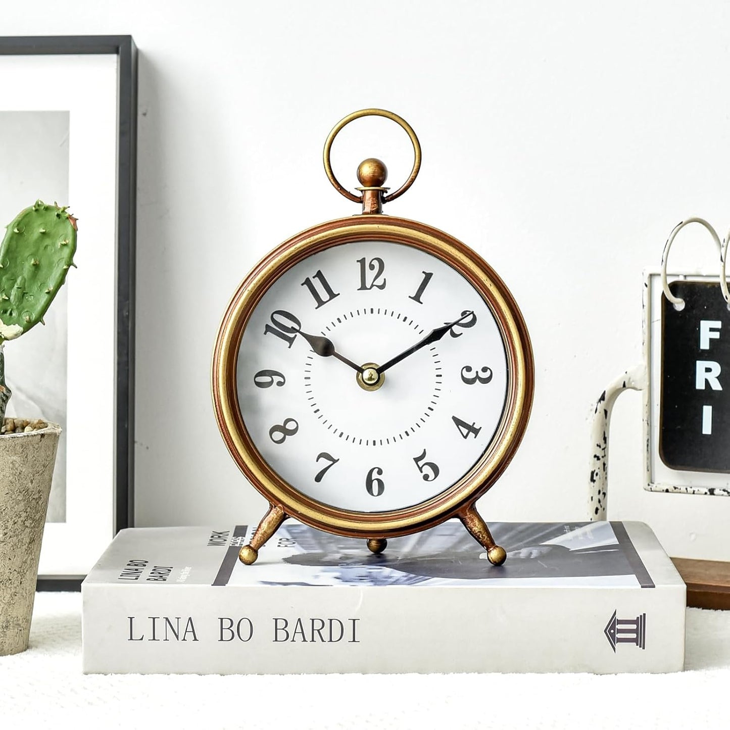 Vintage Small Table Clock on Stand, Decorative Desk and Shelf Clock Farmhouse Mantel Non-Ticking Clock Rustic Metal Frame with Antique Gold Finish 9.3 Inch