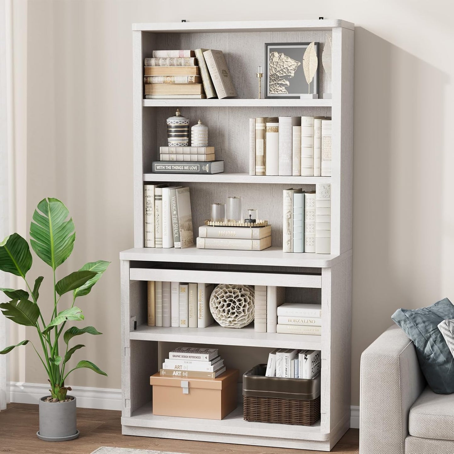Rresyet 5 Tier Bookcase with Flip-Flop Design, 71" x 37" x 16" Wooden Book Shelf, Extra Bookshelf Storage Organizer, Display Standing Shelf Unit for Home Office, Living Room, Study Room (White)
