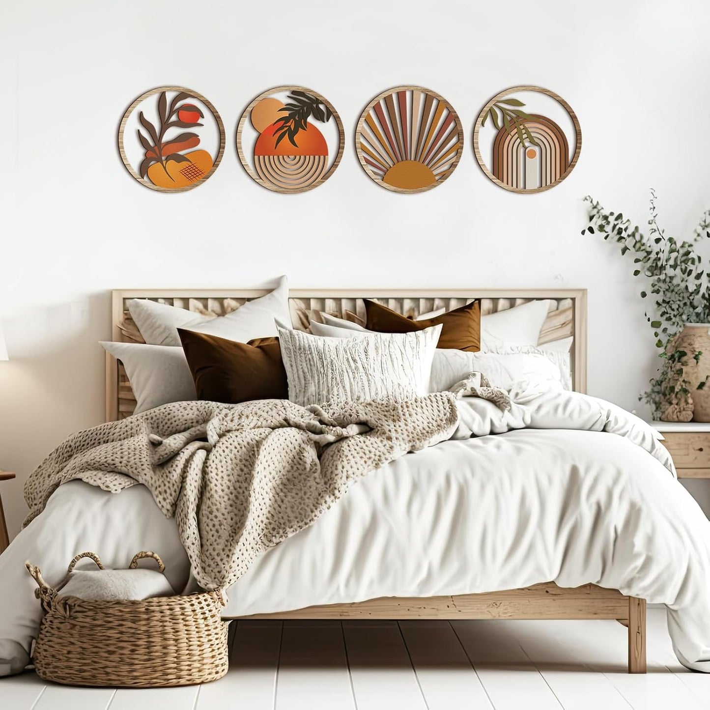 Qunclay 4 Pieces Boho Wall Art Wooden Bohemian Wall Decor Hanging Art Nursery Decor Farmhouse Geometric Hanging 10 Inch Aesthetic Wood Minimalist for Apartment Bedroom(Stylish)