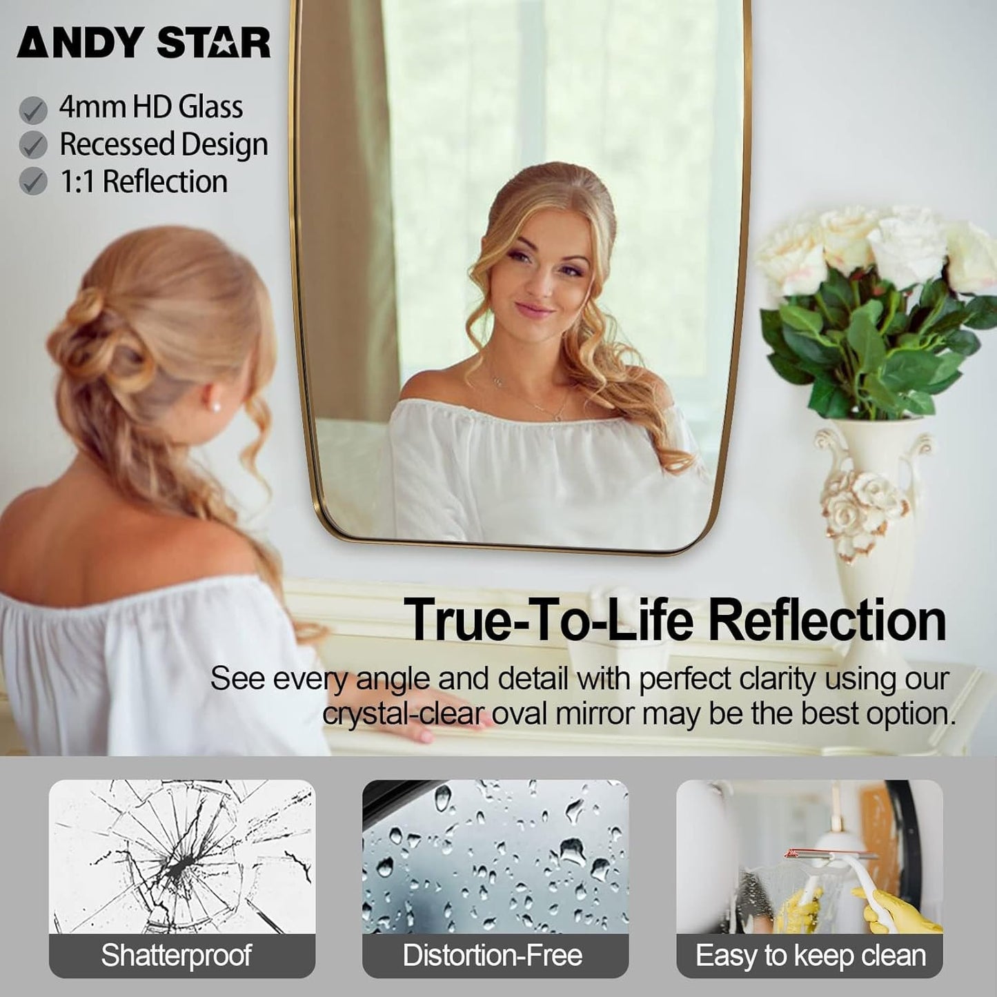 ANDY STAR Gold Mirror, 30x48’’ Brushed Gold Oval Mirror for Bathroom, Oblong Mirrors with Brass Metal Frame, Oval Vanity Mirror for Modern Farmhouse Wall Decor 1”Deep Set Design