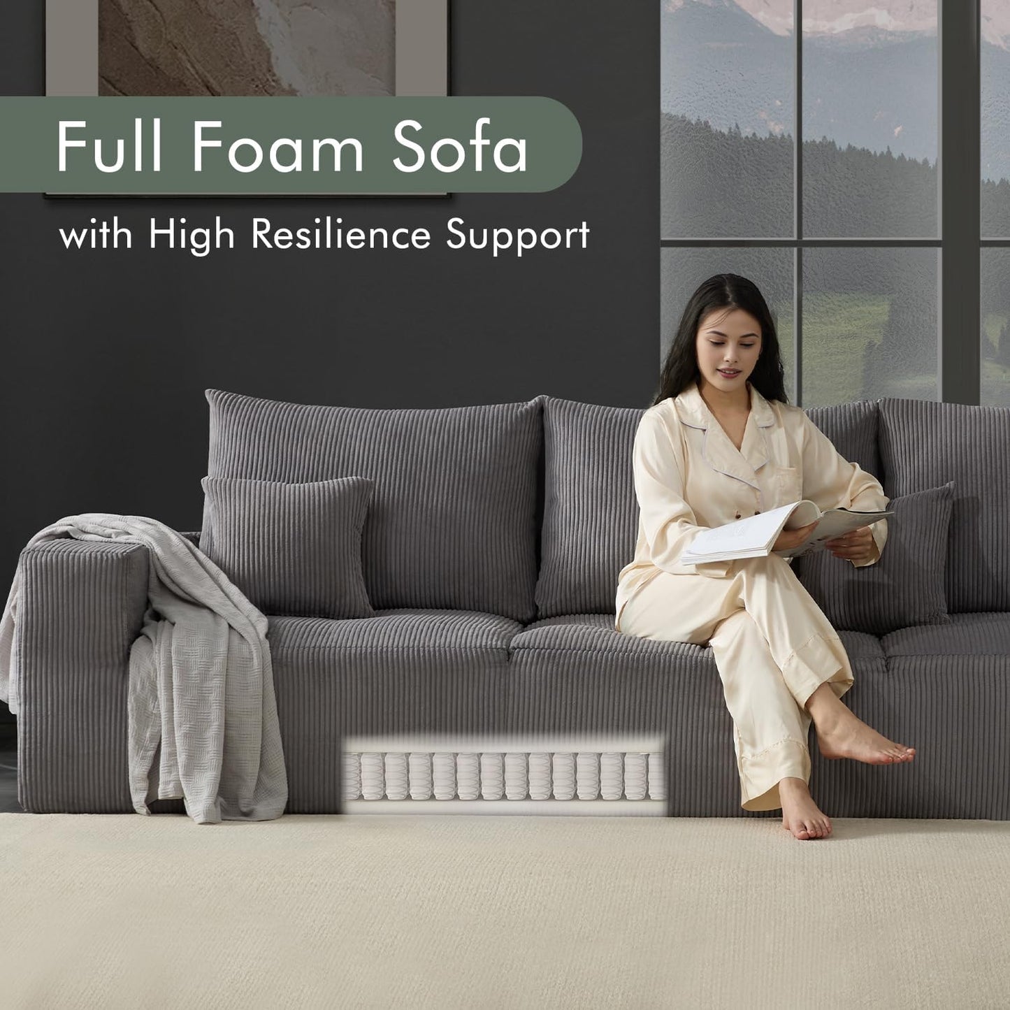 Boneless Cloud Couch Sofa for Living Room, 112" 3 Seater Grey Modern Lounge Sleeper Couch, No Assemble, Cordury Compression Upholstered Couches