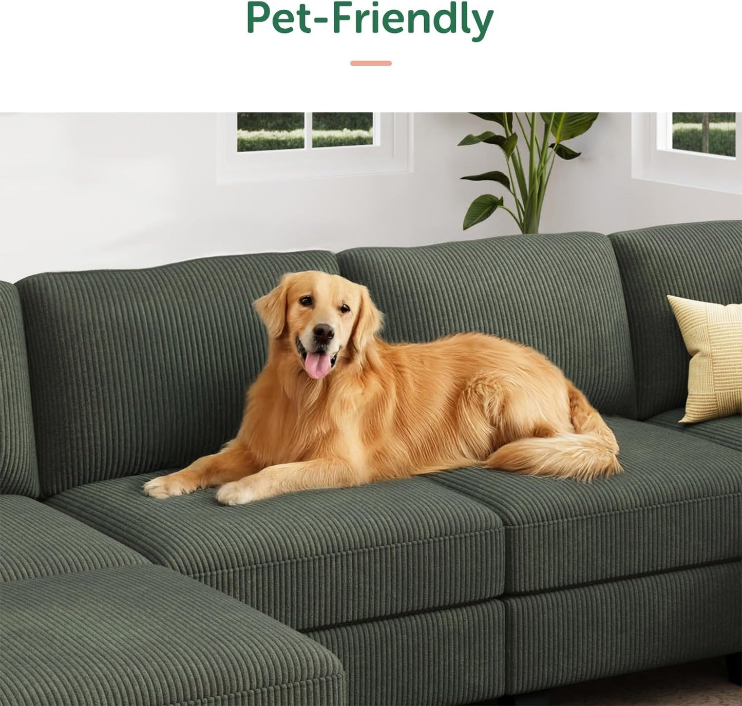 HONBAY Corduroy Sectional Sofa with Storage, U Shape Modular Sectional Sofa with Chaise, Modular Couches for Living Room, Green