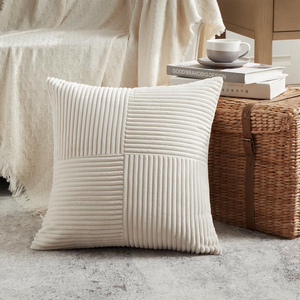 Fancy Homi 2 Packs Cream Samll Decorative Throw Pillow Covers 14x14 Inch with for Couch Bed Sofa, Rustic Farmhouse Boho Home Decor, Soft Corss Patchwork Corduroy Square Cushion Case 35x35 cm