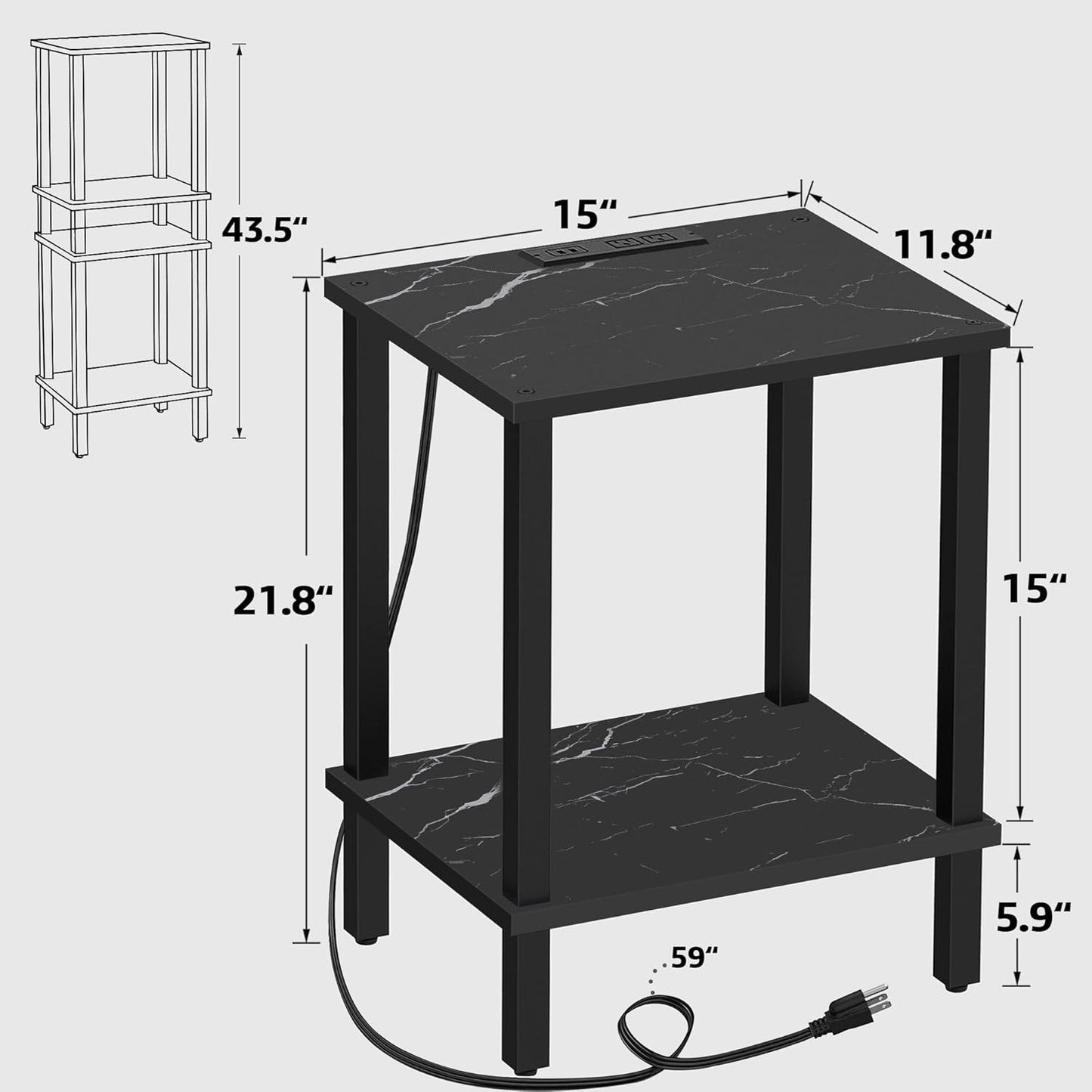 TUTOTAK End Table with Charging Station, Set of 2, Small Side Table, Nightstand Bedside Table, 2-Tier Storage Shelf for Small Space, Living Room, Bedroom Marble Black TB01BMK041