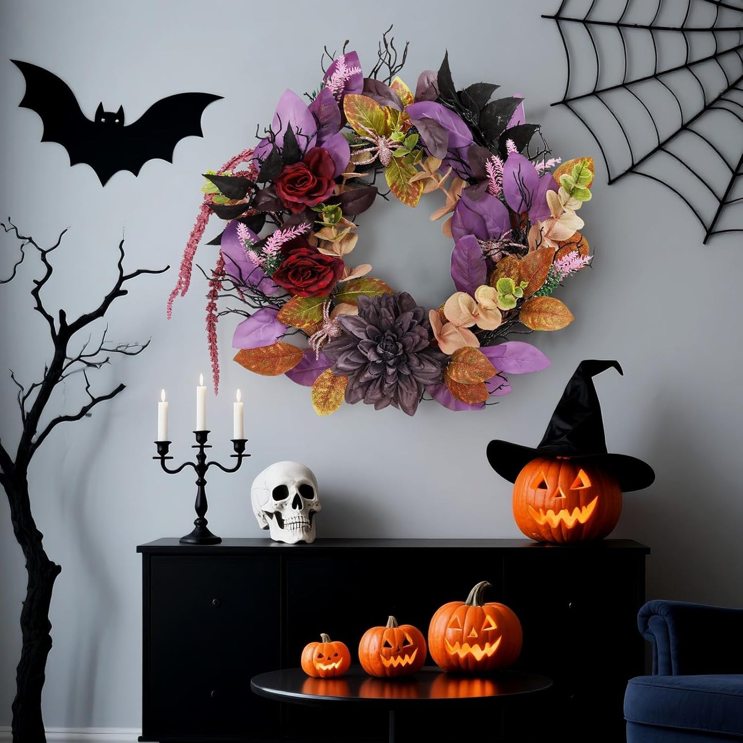 GarveeHome 18 Inch Halloween Wreath, Halloween Garland with Artificial Roses & Spiders, Indoor Outdoor Holiday Accent Decoration for Front Door Porch Wall Home Party Window, Red & Purple
